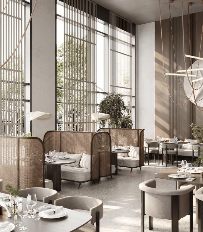 a restaurant with a large window and a table with chairs