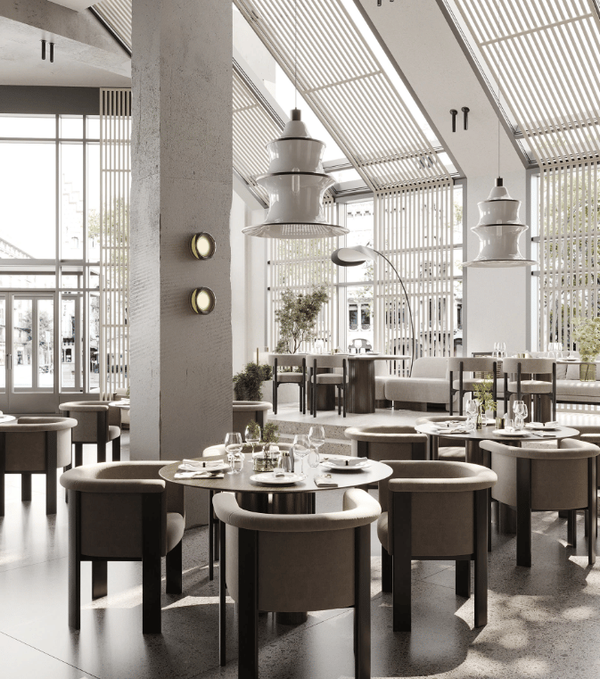 a restaurant with a large table and chairs