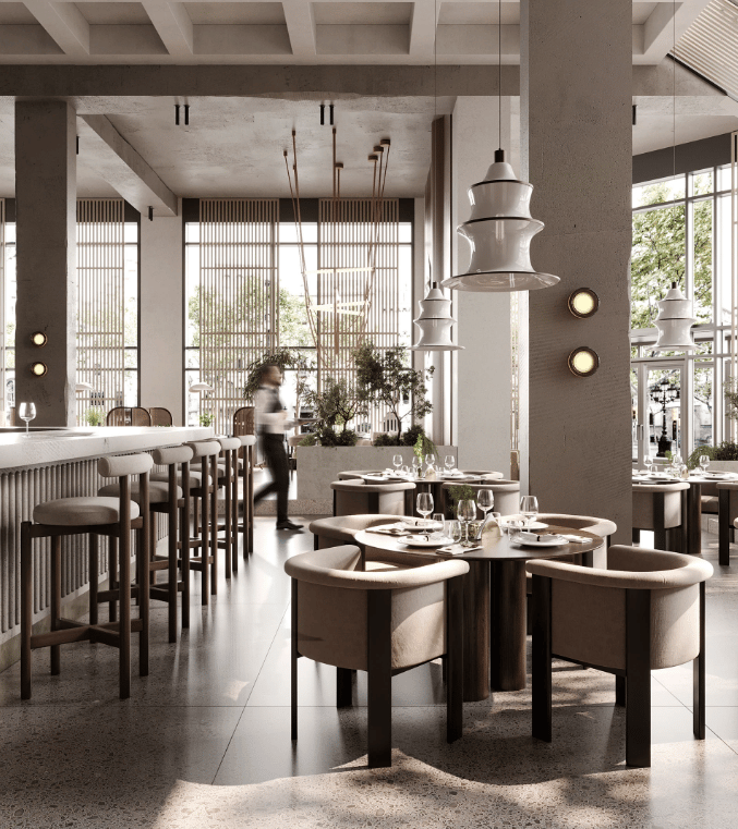 a restaurant with a table and chairs and a man in a suit