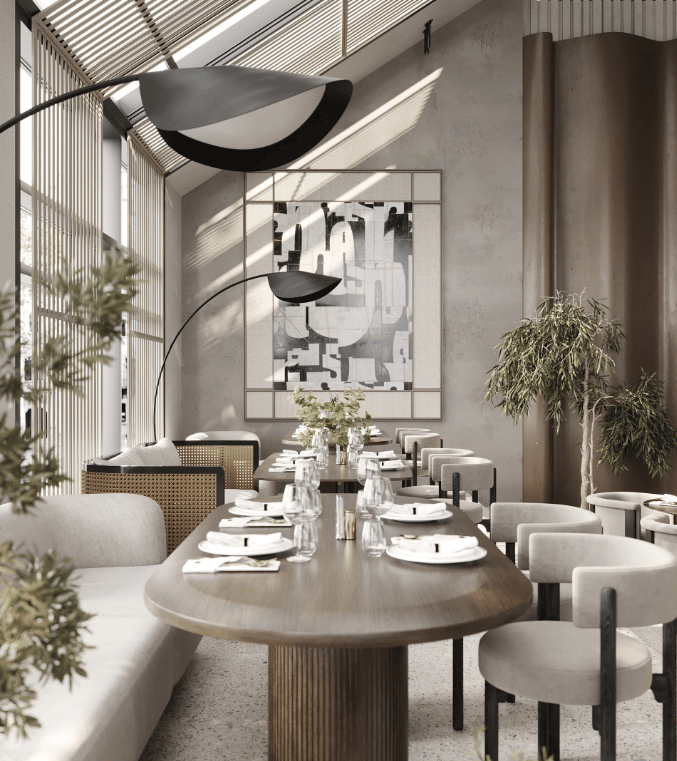 a dining room with a table and chairs