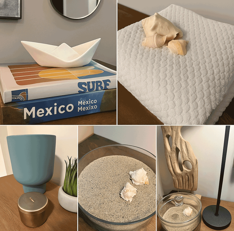 Detalles decorativos con temática costera, incluyendo conchas, arena y elementos naturales | KARÄNA