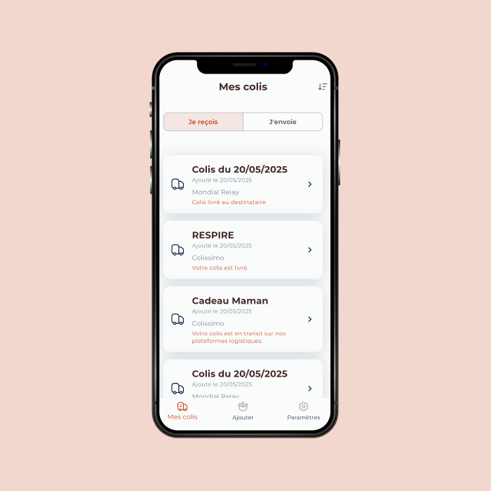 Screenshot de l'application TrackNow de suivi de colis