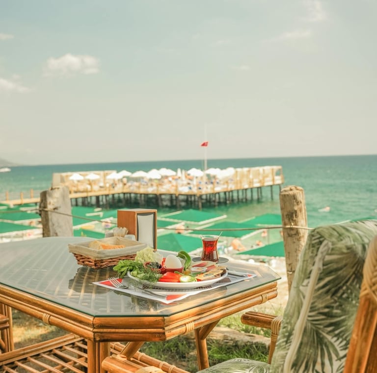Turkish Mediterranean food on a table by the beach