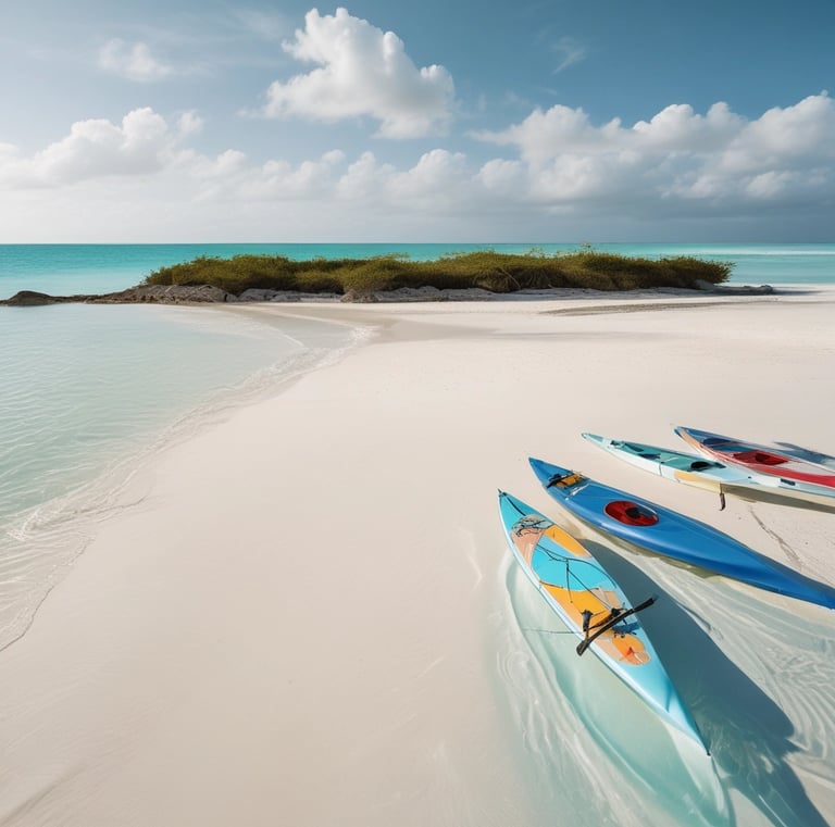 A tropical beach scene featuring clear aqua water, white sandy shore, and lush green palm trees. Jet skis are lined up near a small wooden hut. A motorboat is anchored by the shore, with bright blue skies overhead.