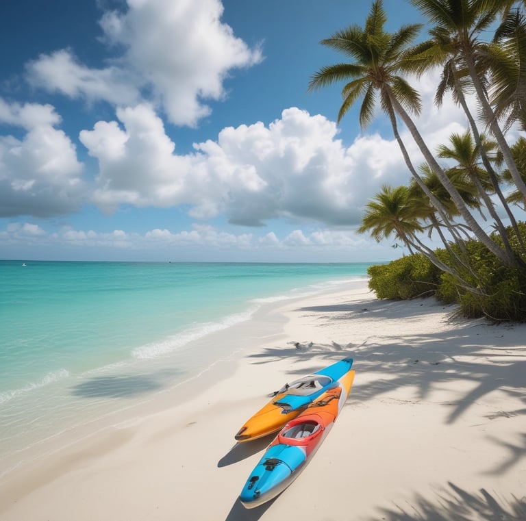 A serene tropical beach with clear turquoise waters and white sandy shores. A person is kiteboarding, leaving a trail in the water, and the kite is brightly colored against the sky. The setting is peaceful and expansive, with a horizon that stretches across the tranquil sea.