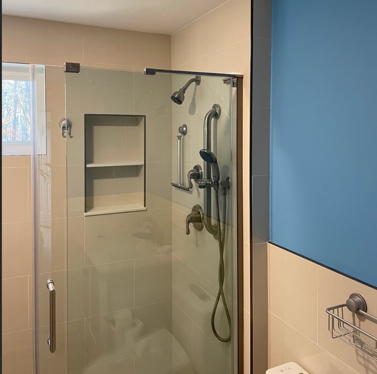 a bathroom with a shower and a toilet
