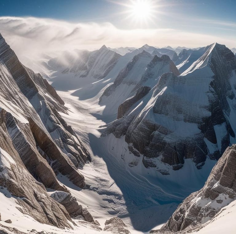 The Glass Mountains. Storms and wind, blowing ice and snow.