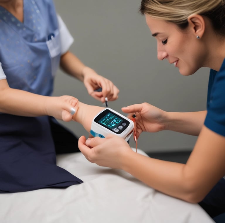 A healthcare professional using a pulse oximeter on a patient.