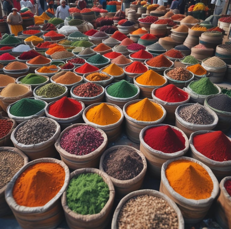 A bustling market scene with various stalls displaying a colorful array of foods. Large bags and containers hold assorted snacks, including candies, dried fruits, and nuts. People are busy interacting and making purchases, with one vendor packaging goods. Bright green table coverings and colorful signs add vibrancy to the atmosphere.