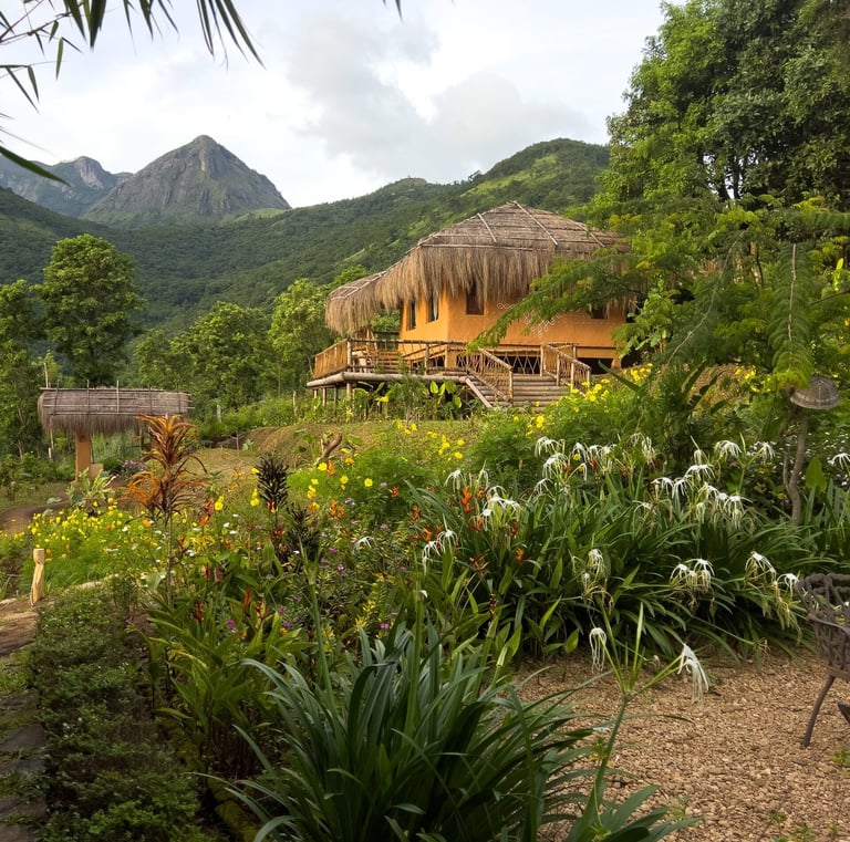 Kerala mud house surrounded by vibrant flowers and lush greenery, with mountains in the background.