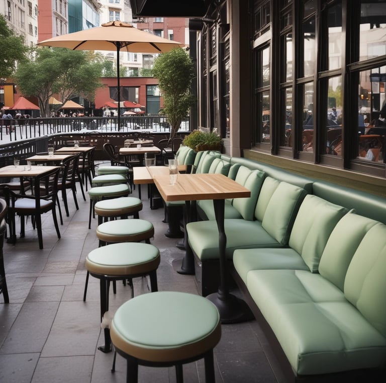 An outdoor seating area of a café or restaurant with multiple red and beige woven chairs and round tables. The chairs surround tables that have umbrellas with their canopies closed. In the background, a large window reveals the interior of the establishment, showcasing some lights and possible shelves or a display.