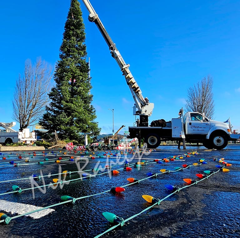 Christmas lights laid out on a parking lot, with Christmas tree hanging from a crane truck