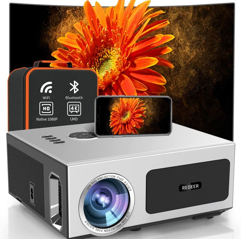 Projector with phone, carrying case, and large screen displaying a vivid orange flower.