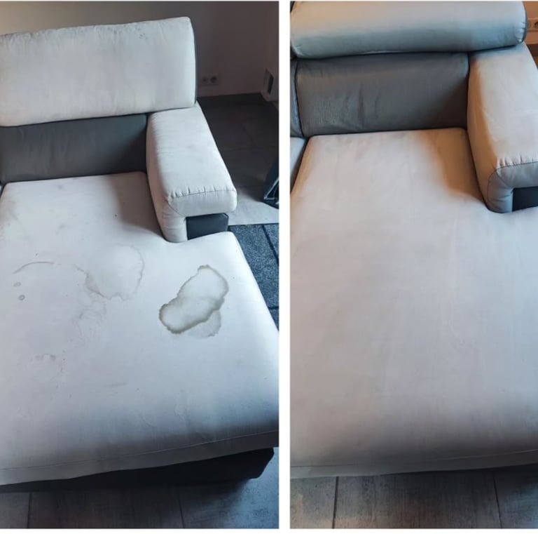 Transformation d’un canapé taché et encrassé en un canapé propre après un nettoyage textile pro