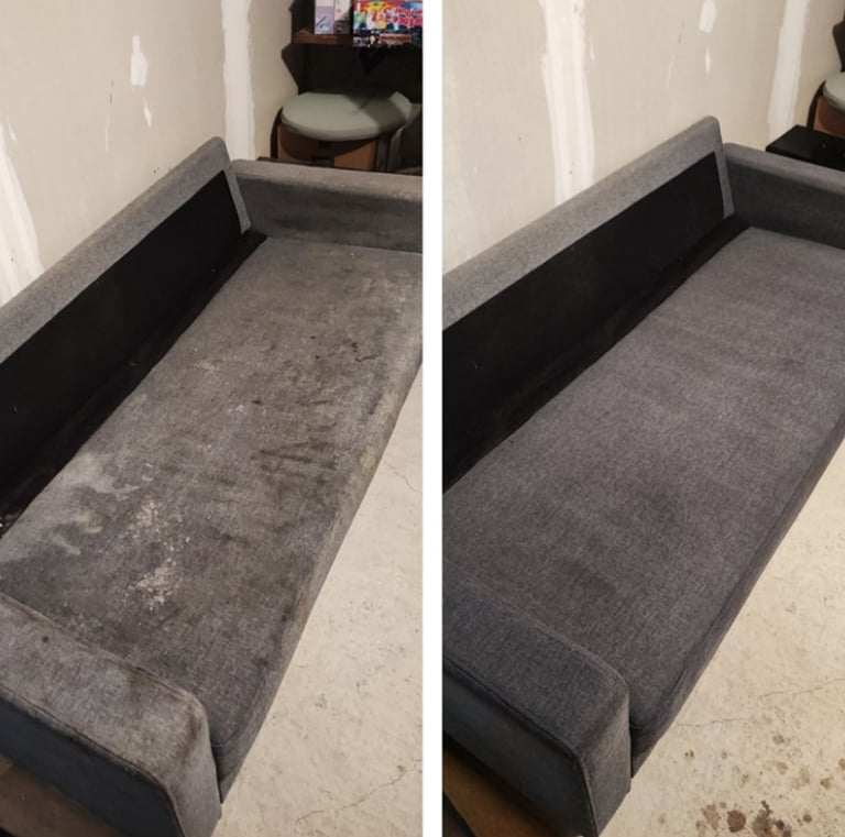 Avant-après du nettoyage d’un canapé fortement taché avec suppression complète des auréoles à Eupen