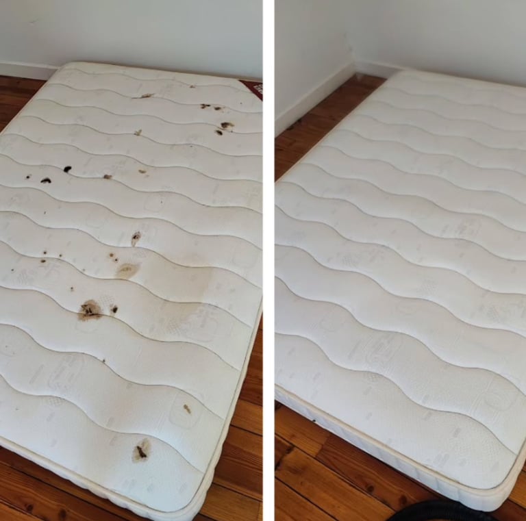 Matelas sale transformé en matelas propre et hygiénique après un nettoyage en profondeur à domicile.
