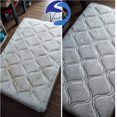 Avant-après du nettoyage d’un matelas très encrassé avec disparition totale des taches, saletés.