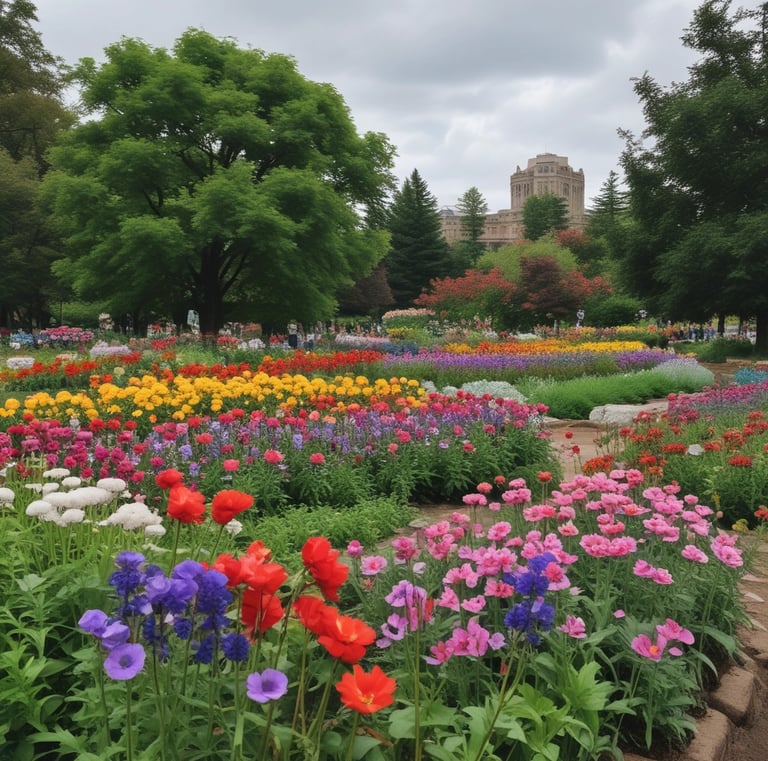 A well-manicured lawn during summer with lush green grass and neat flower beds.