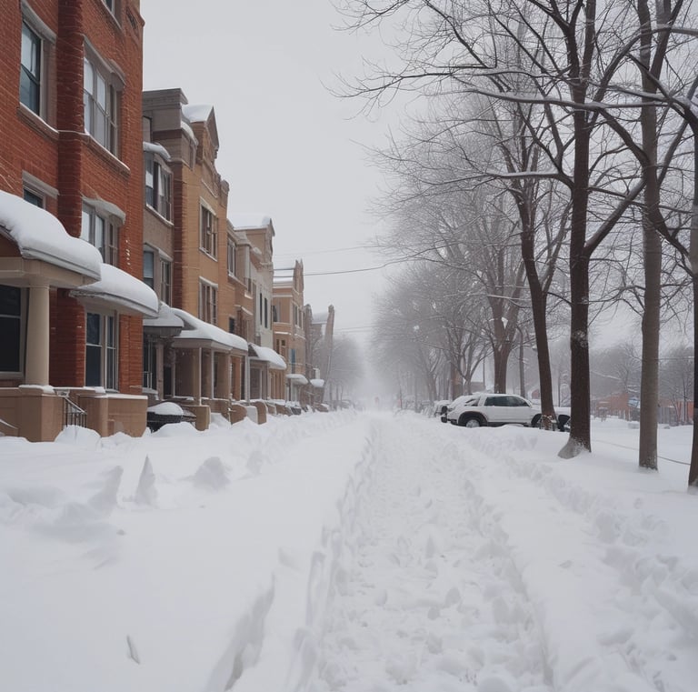 A snowy winter landscape with clear walkways and a snow-covered property.