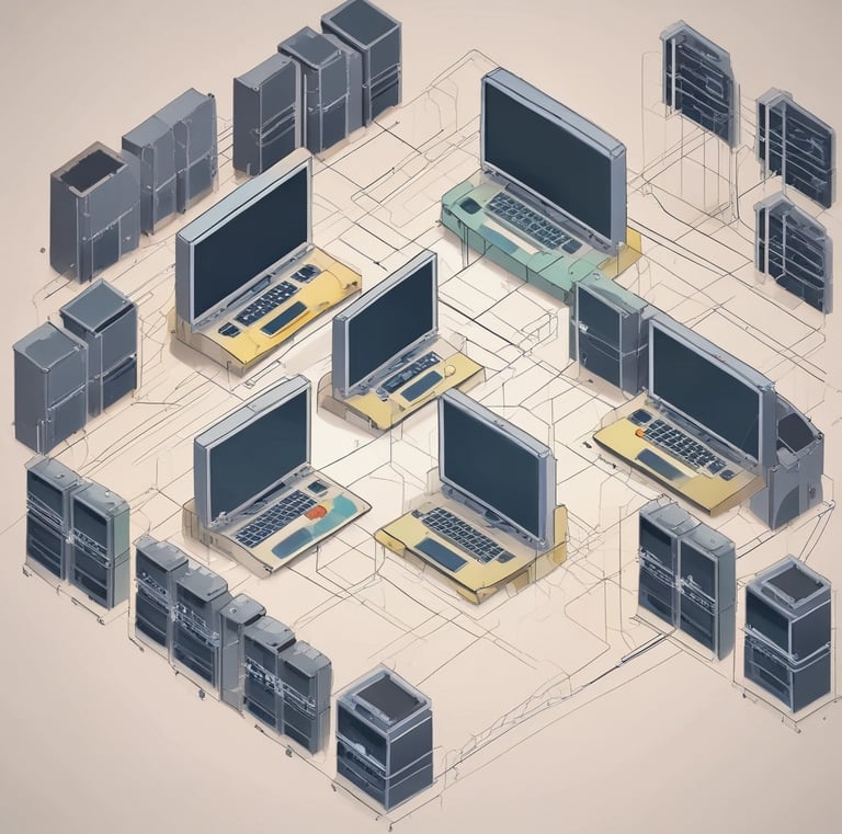A modern workspace with a focus on technology. In the foreground, there is a black laptop with a distinctive logo placed on a table beside a smartphone propped on a stand. A man is sitting in the background, also using a similar laptop. The setting is minimalistic with a combination of white furniture and a textured brick wall.