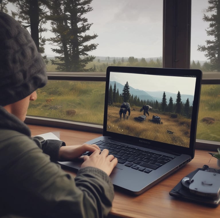 A person is sitting at a table using a white laptop. The laptop screen displays a vibrant video game scene featuring a character walking towards a tree with red leaves. Beside the laptop, there is a glass of dark beverage with ice.