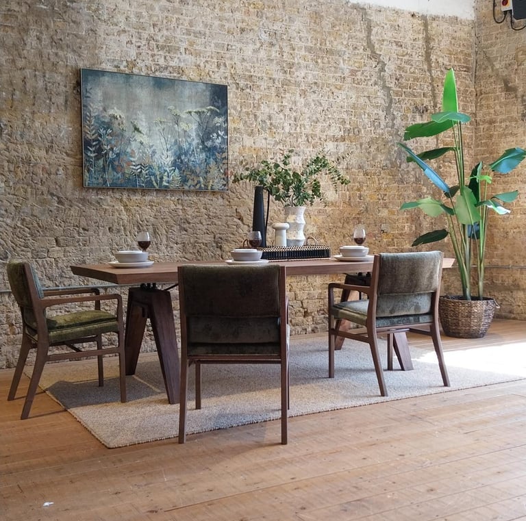 a dining room with a table and chairs