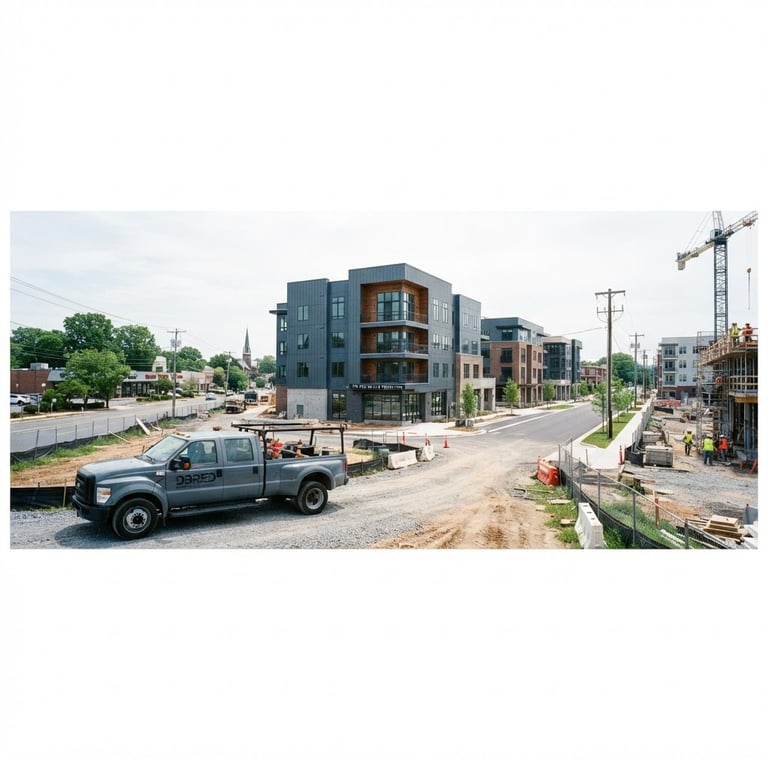 Wide panoramic shot of a modern commercial development site in Hyattsville, Maryland, under bright natural overcast daylight. A branded DBRED truck is visible in the foreground, with architectural elevations of new buildings behind, clean composition, cool blue and slate tones, sharp focus, 35mm lens.