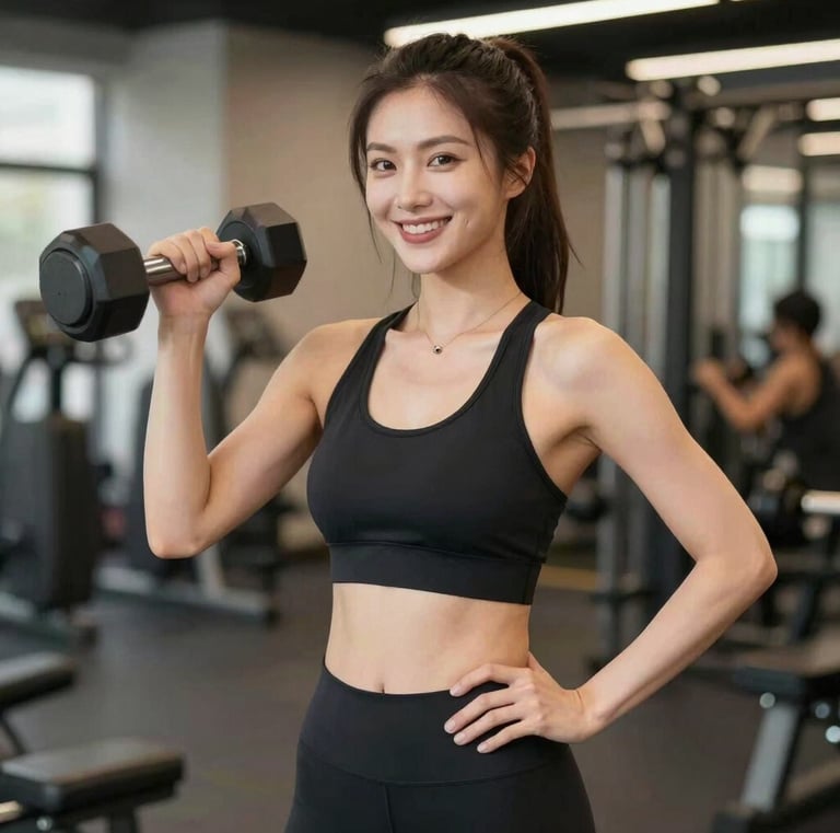 A client smiling confidently after a home workout session, laptop displaying a personalized training plan.