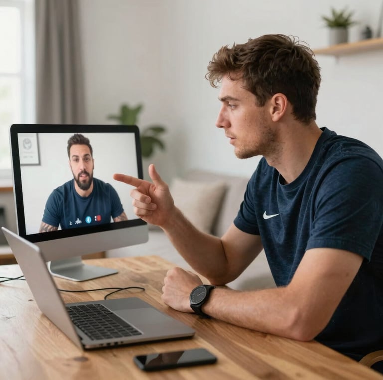 A virtual coaching session in progress, trainer and client sharing smiles over a video call.