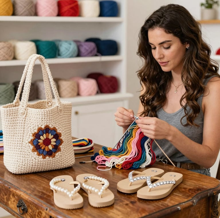 Close-up of colorful handcrafted sandals and crochet bags displayed on a vibrant tropical background.