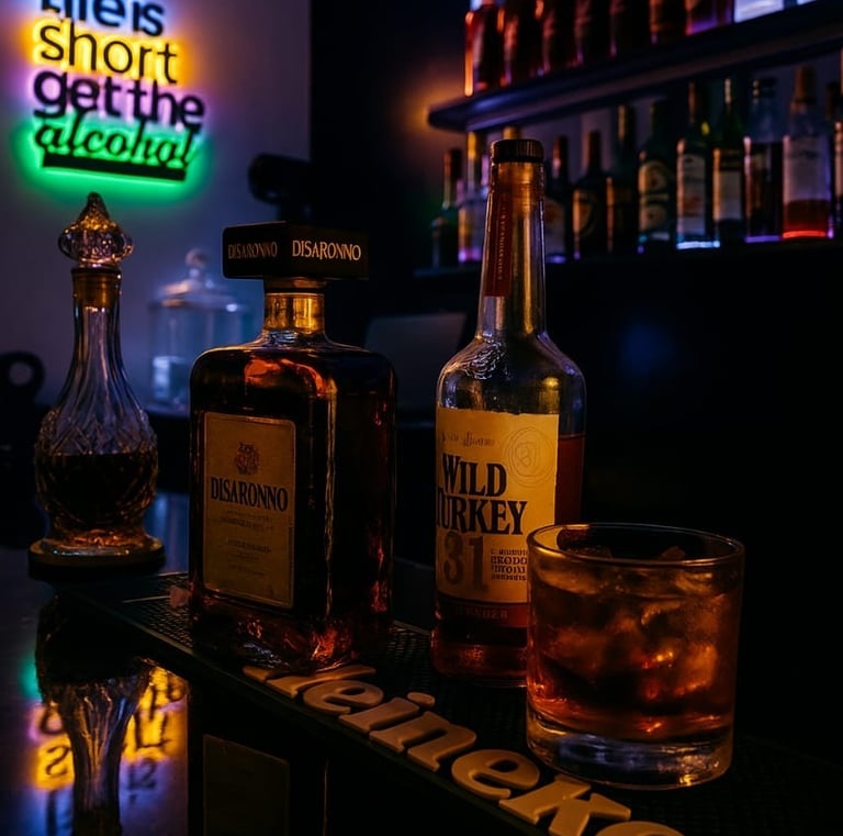 Disaronno and Wild Turkey whiskey bottles at a neon-lit cocktail bar with a glass of ice.