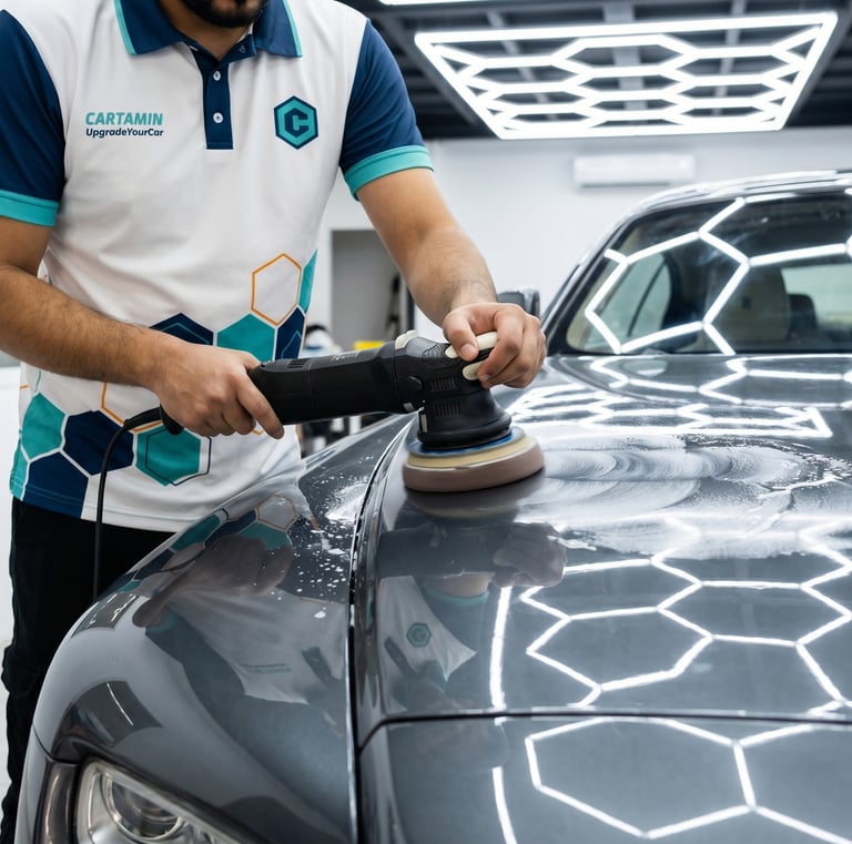 Professional car detailing specialist using a dual action polisher to buff a grey vehicle's hood.