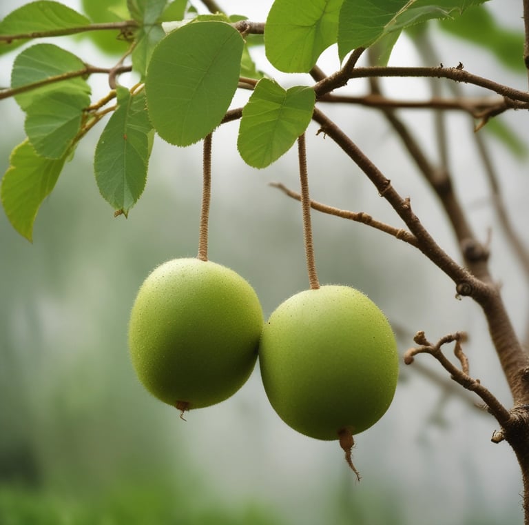 Hardy kiwi vines with small fuzzy fruits growing.