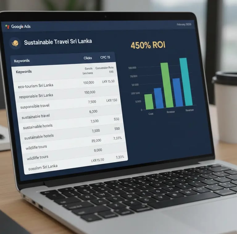 Google Ads interface showing targeted keyword results and ROI metrics