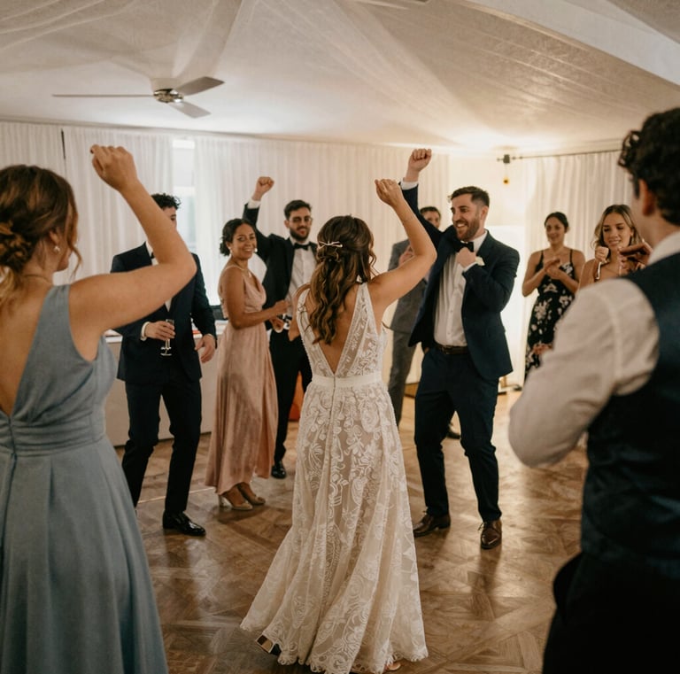 Family and friends dancing joyfully during a colorful sangeet ceremony.