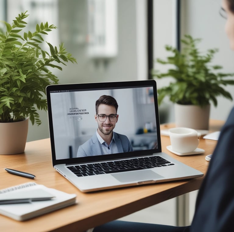 Close-up of a recruiter reviewing candidate profiles on a laptop with focused attention.