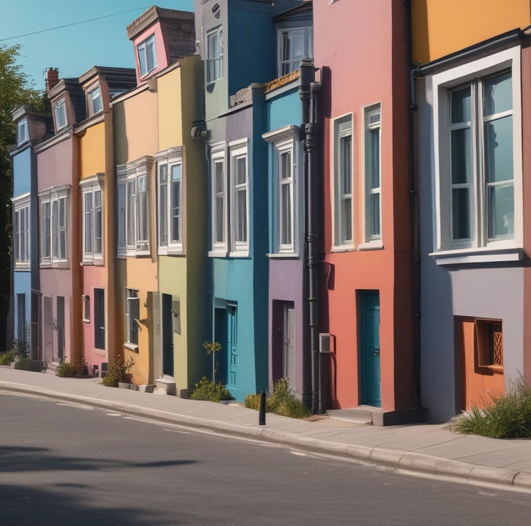 Exterior view of a newly completed double-storey terrace house bathed in morning light.