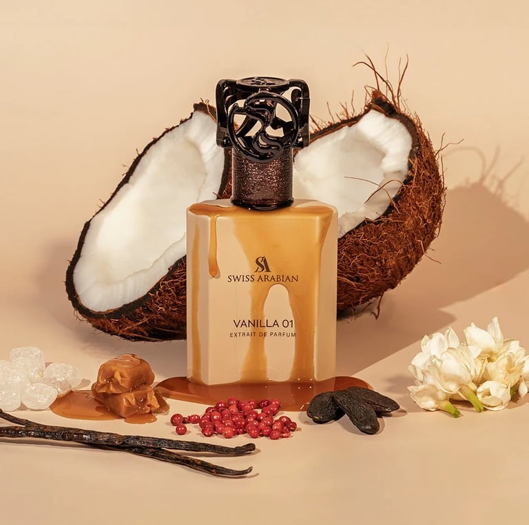 Swiss Arabian Vanilla 01 Extrait de Parfum with coconut, caramel, and vanilla bean notes.