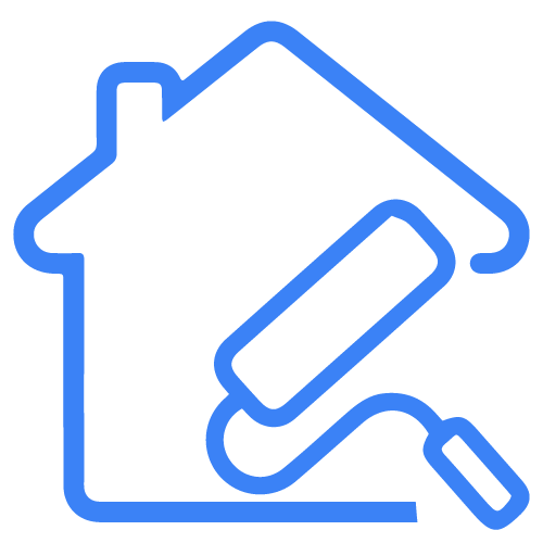 Blue line icon of a house and paint roller for home renovation and interior painting services.