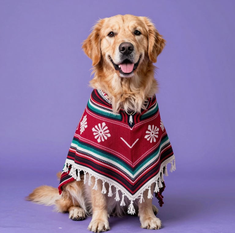 Golden Retriever dog wearing a red patterned holiday poncho sitting against a purple background.