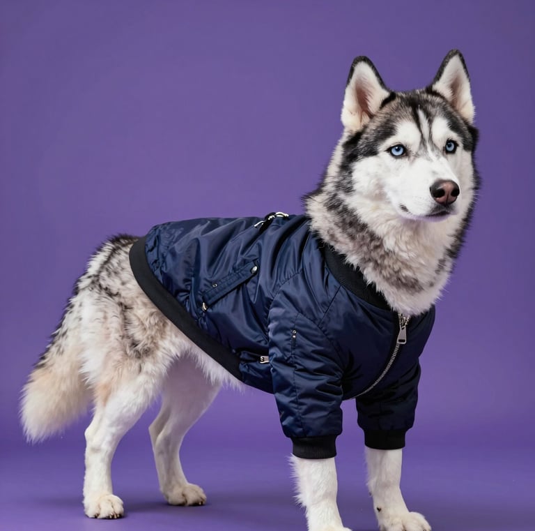 A blue-eyed Siberian Husky wearing a navy blue dog bomber jacket against a purple background.