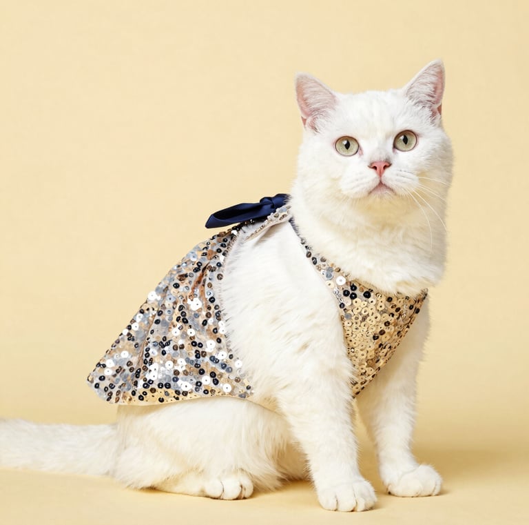 White shorthair cat wearing a sparkling gold sequin dress with a blue bow on a yellow background.