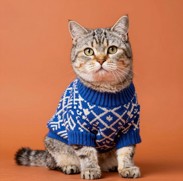 A cute tabby cat wearing a blue patterned winter sweater against an orange background.