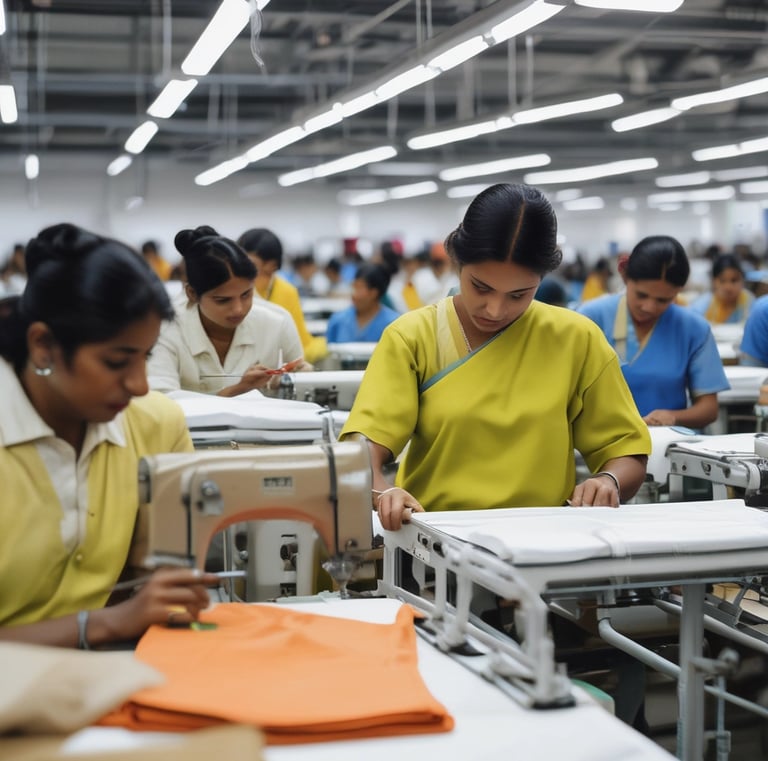 Finished garments hanging ready for shipment in the modern manufacturing facility.