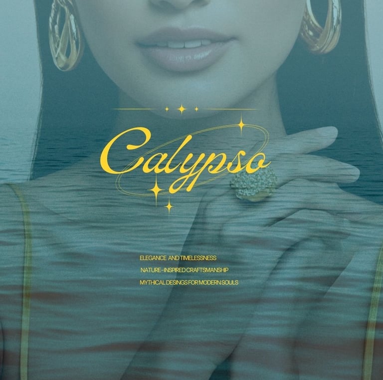 Elegant model wearing gold hoop earrings and a statement ring for the Calypso jewelry collection.