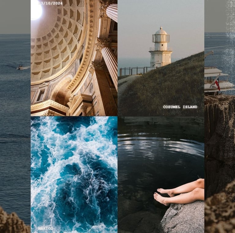 Travel collage featuring the dome, a greek Island lighthouse, and turquoise ocean waves