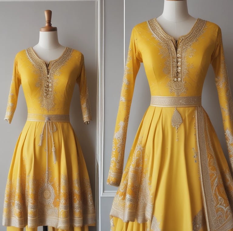 Finished stitched saree draped over a mannequin, highlighting the fine craftsmanship.