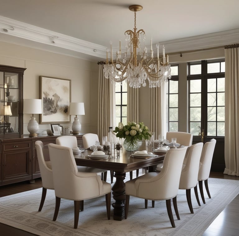 An elegant dining table set with fine china and crystal glasses, surrounded by dark wood chairs and a large ornate mirror.