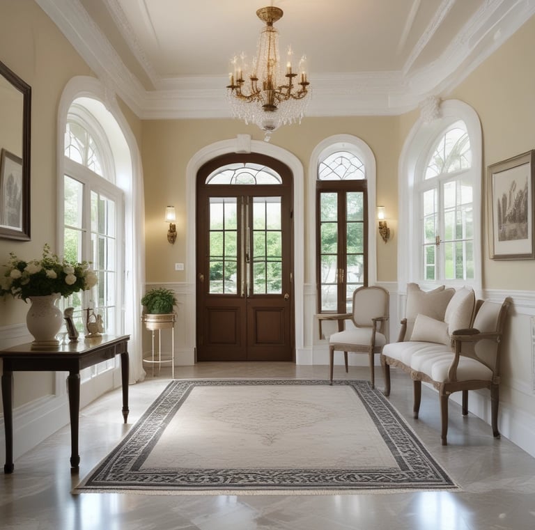 A stylish hallway with classic wainscoting, a vintage console table adorned with fresh flowers and framed black-and-white photos.
