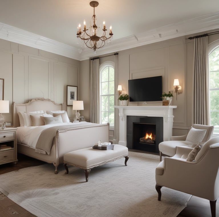 A cozy living room with classic beige sofas, a vintage chandelier, and soft natural light filtering through sheer curtains.